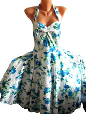 Kleid Neckolder 50er Jahre Style cremeweiß blau grün geblümt Smokrücken Gr. XL