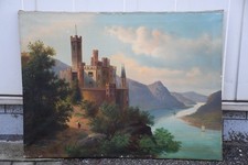N92S93- Gemälde Flusslandschaft mit Burg undeutlich signiert datiert 1872