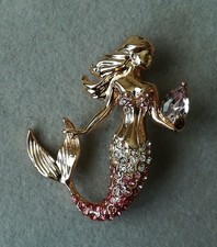 Meerjungfrau Brosche Gold Pink Glitzersteine Mermaid Nixe Meerjungfrauen Mythos