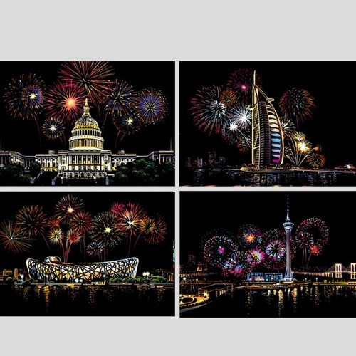 4er scratch painting - painting, feuerwerk