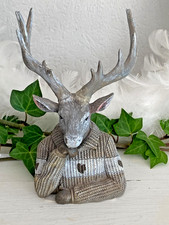 Hirsch Hirschkopf m. Geweih Büste Figur Skulptur, Braun -Weiß,  #B