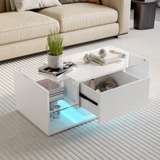 LED/Hochglanz Couchtisch 100x50x35cm Beistelltisch mit Glasplatte und Schubladen