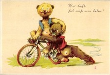 Künstler Ak Wer lacht hat mehr vom Leben, Bären, Fahrrad, Teddy - 4762205