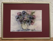 STIEFMÜTTERCHEN original Aquarell Zeichnung m.Rahmen Blumen Botanik Vase Strauß