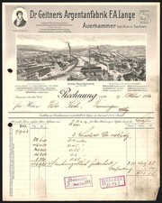 Rechnung Auerhammer bei Aue 1912, F. A. Lange, Dr. Geitner´s Argentanfabrik, Ge 