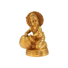 Messing Lord Bal Gopal Krishna Butter Essende Maakhan Figurine Idol Statue 6,5"