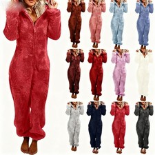 Winter Damen Teddy Schlafanzug Warm Plüsch Jumpsuit Kapuze Overall Pyjama