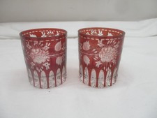 2 x Biedermeier Rubinglas - Kristall Gläser Schnapsgläser – graviert „Blüten"