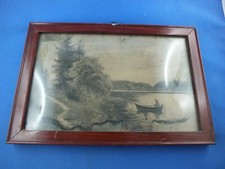Motiv See Boot Wasser Natur Wald Deko Souvenir Wandbild Holzrahmen 50ger Jahre