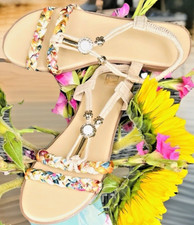 NEU FASHION MODE Sandalen Sandalette Beige Glitzer Blume Flower Hippie 41 BUNT