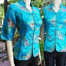 Asia/China Geisha/Qipao Bluse/Blazer/Top Shirt Blumen-Muster Türkis Gr.34-48
