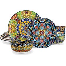 Geschirr Set, Porzellan, 12 Teile, bunt, geblümt, Spülmaschinenfest, Mikrowel...