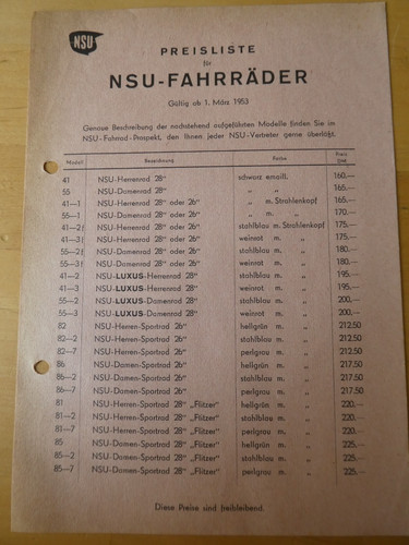Original nsu preisliste 1953 - nsu,