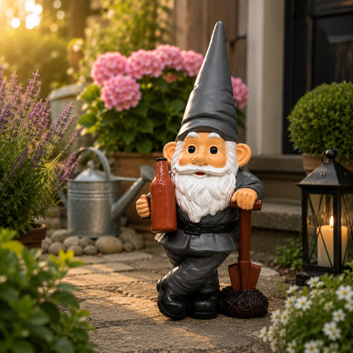 Gartenzwerg grau mit flasche - gartenzwerg,