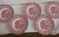 5 Speiseteller Woodland England Landszenen Rot Vintage, wie Neu