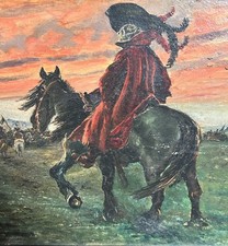 Ölgemälde Antik Reiter des Todes Armee Pferd Sonnenuntergang um 1900