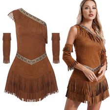 DE~ Damen Fransenkleid Quasten Hippie Braun Wildleder Kleid Indianer Kostüm 