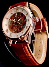 Exklusive Damen Herren Handaufzug Uhr sichtbares Uhrwerk mit Lederband