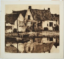 Max Clarenbach Radierung Häuser am Wasser Dorf See Fluß Bauernkate 57 x 52 cm