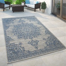 Outdoor Teppich Blau Beige Orient Design Blumen Muster Balkon Wohnzimmer