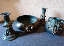 4 Tlg. Dekoset Keramik Schale Vase Kerzenhalter blau Weintrauben