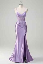 Lila Meerjungfrau Spaghettiträger Langes Ballkleid mit Applikationen