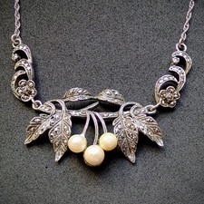 Jugendstil Blumen Collier Kette 835 Silber Perle Markasit alt antik c. 1920