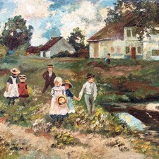 Kinder Spaziergang Impressionismus monogrammiert Öl Leinwand Pappe Anfang 20 Jh