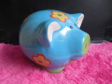 Lustige Sparschwein Spardose Keramik blau mit gelben Blumen