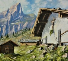 E.H.Knoll (XX) -TOP-Alpen Gemälde: BERG-BAUERNHOF VOR HOHEN GIPFELN