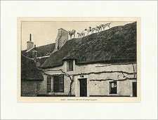 Halali Bauernhaus Tiere Reeddach Ziege Hunde Fenster Kamin Dach Holzstich E 9104