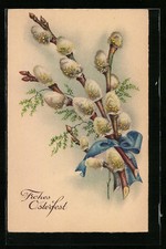 Ansichtskarte Weidenkätzchenzweige mit Schleife zu Ostern 