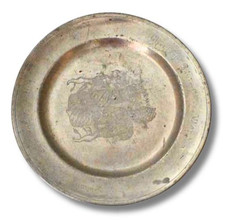 Vintage Zinnteller mit Wappen & Inschriften, 635 g, Ø 25,5 cm