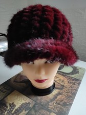 Damen Qualität gestrickte mit Echt Nerz Pelz Mütze 57-59 Groß Weinrot.