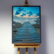 Neu 3D Bild Steg in Wasser Landschaft mit Rahmen Holz graublau See Meer Sonne