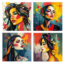 Wandbilder set 4 Bilder auf Leinwand Abstrakt Frau Bunt Kunst je 40x40cm