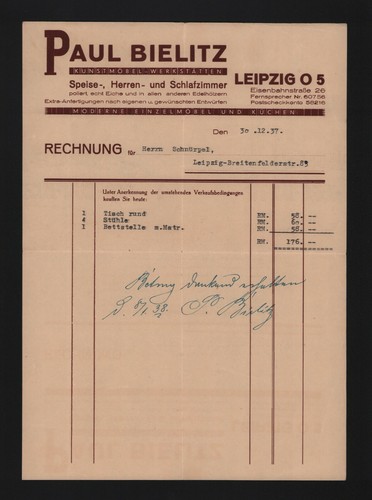 Leipzig rechnung 1937 paul - rechnung,