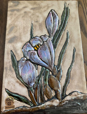 RUSCHA Keramik Wandplatte Wandbild ~ 50/60er Jahre ~ Handarbeit  ~ Krokusblüten