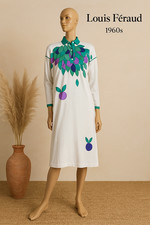 Louis Féraud 60s Twiggy Kleid Vintage Baumwolljersey Weiß Grün Lila Gr. 40/42