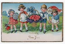 AK  Neujahr, Kinder mit Korb voller Blumen, Mädchen mit Puppe, Blumenstrauß