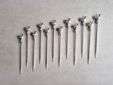 12 selt. alte 835 Silber Emaille Käsepikser Obstspieße Cocktail Sticks Hahn Huhn