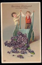 Kinder-AK Geburtstag: Schubkarre mit Veilchenblüten, BERLIN-OBERSCHÖNEWEIDE 1926