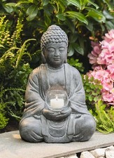 Deko Figur Buddha "Erleuchtung" Zement mit Windlicht Glas Gartendeko für Draußen