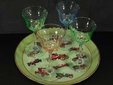 Florentiner Tablett grün rund antik Holz Oldtimer Autos  + 4 Jugendstil Gläser