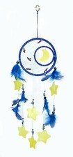 Traumfänger Mond und Sterne aus Muscheln blau gelb 50cm Federn Indianerschmuck
