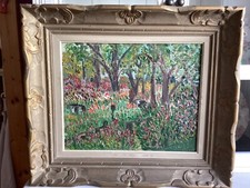 pointillistisch naives Ölgemälde Garten Landschaft Orig. Montparnasse Rahmen
