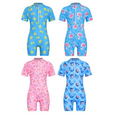 DE Mädchen Badeanzug Einteiler Kurzarm Schwimmanzug mit Bein Rash Guard Bademode