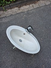 Emaille Waschbecken weiß mit Abfluss und Einhand-Armatur  600mm x 475mm x 160mm