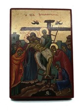 Griechisch-Orthodoxe Handgefetigt Holzikone Die Kreuzabnahme Pieta 19x13