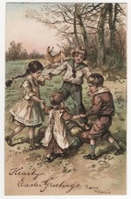 AK Ostern, Prägekarte, Kinder auf Wiese tanzen um Ostereier, Hase